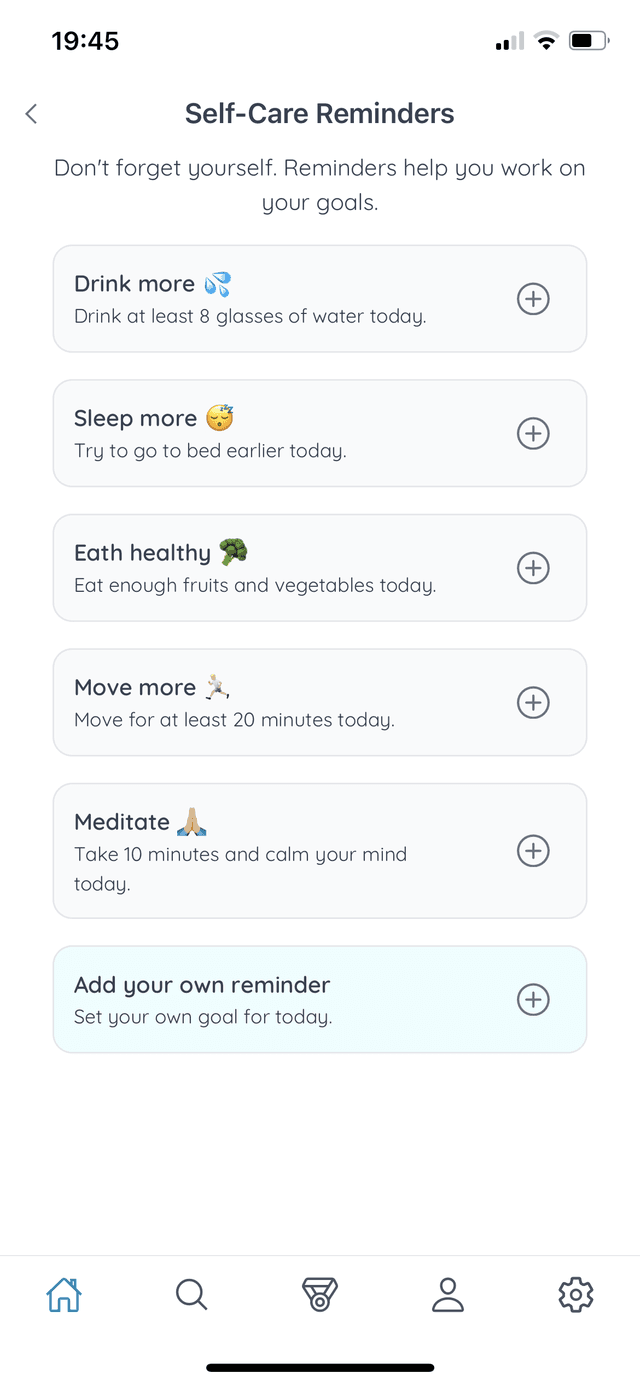 Self care reminders and search primary screenshot